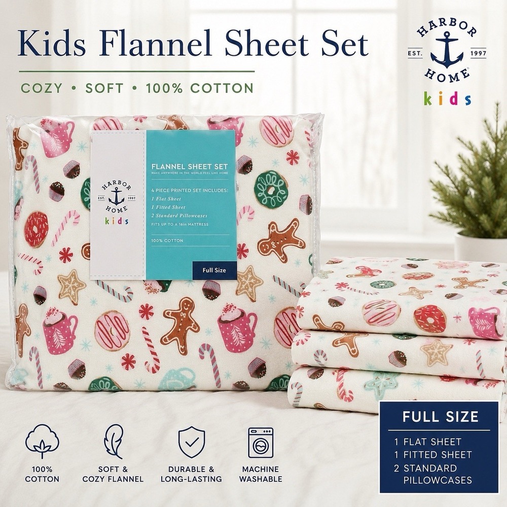 Harbor Home Kids Flannel Sheet Set Holiday Size Full Christmas Cotton